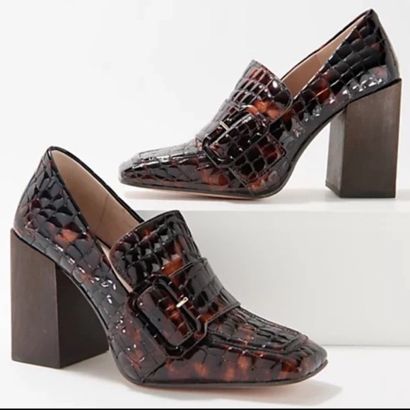 Louise et Cie Ovidio Croc-Embossed Leather Block Heel Loafers Brown Size 7 - Picture 2 of 8